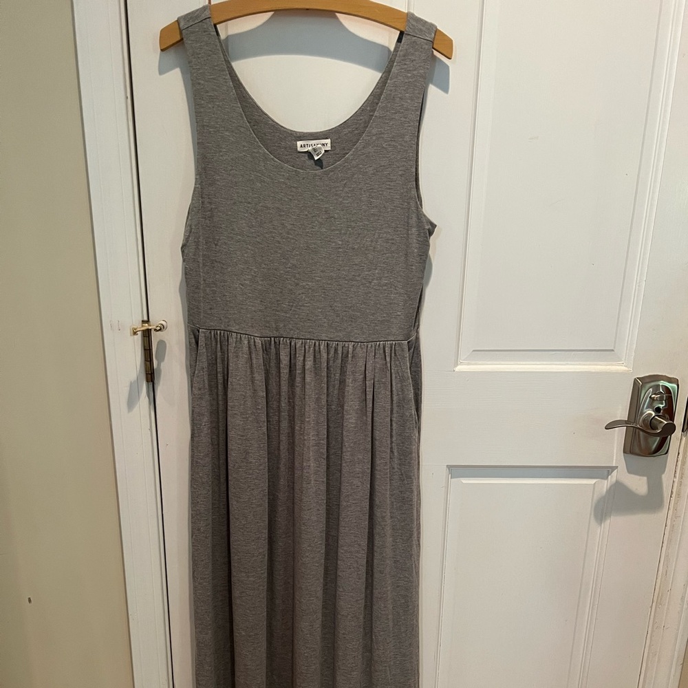 Full length, gray, summer dress with nice stretch to it.
